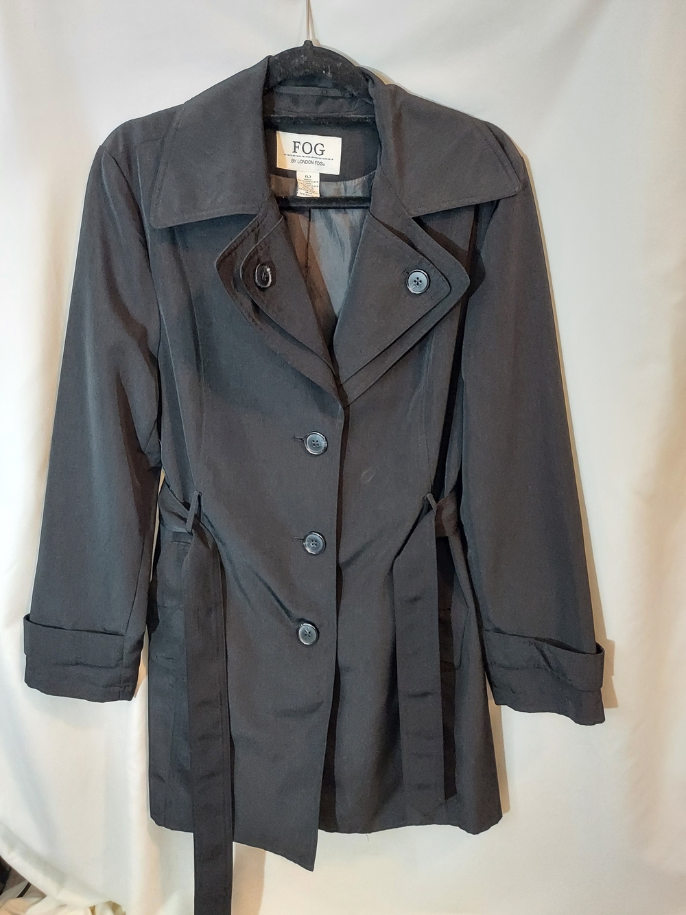 VTG Fog by London Fog Black Double Breasted Trench Coat Belted Size L